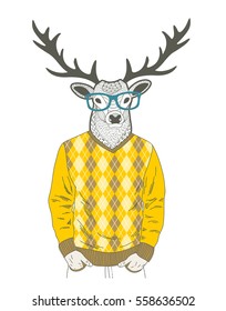 Doodle dressed up deer in hipster style. Vector hand drawn illustration.