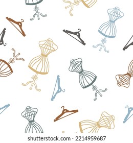 Doodle dresses and hangers seamless pattern. Pastel colored background