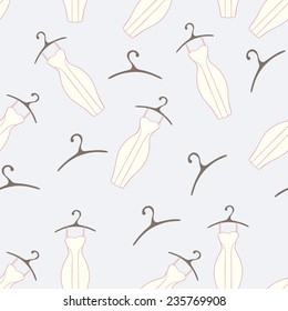 Doodle dresses and hangers seamless pattern. Pastel background