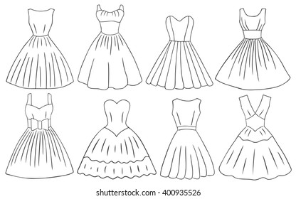 Doodle dresses set. Different kinds of summer retro style dresses. Pencil effect sketch. Ladies dresses collection. Doodle vector illustration.