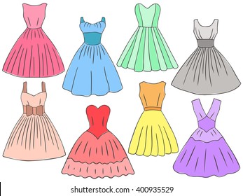 Doodle dresses set. Different kinds of summer retro style dresses. Pencil effect sketch. Ladies dresses collection. Doodle vector illustration.