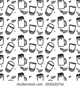 doodle drink bubble tea background. boba tea drink pattern in black doodle style on white background