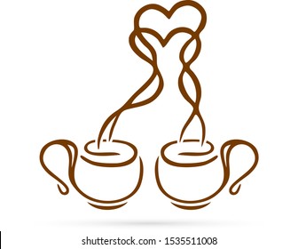 Doodle drink icon. Romantic two cups of coffee or tea with hearts. Hand drawing toast vector illustration.
