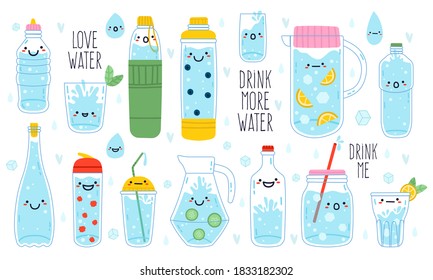 Doodle drink more water. Cute funny hand drawn water mascots in mug, glass and bottle, healthy rituals drink more water vector illustration set. Jar, cup with straw, thermos with faces