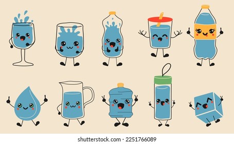 Doodle drink more water. Cute funny hand drawn water mascots in mug, glass and bottle, healthy rituals drink more water vector illustration set. Jar, cup with straw, thermos with faces