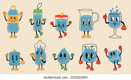 Doodle drink more water. Cute funny hand drawn water mascots in mug, glass and bottle, healthy rituals drink more water vector illustration set. Jar, cup with straw, thermos with faces