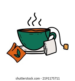 Doodle drinking cup of tea vector illustration clipart. Сup with warm tea and tea bag with open pack. Relaxing time concept. Organic beverage from dry leaves.