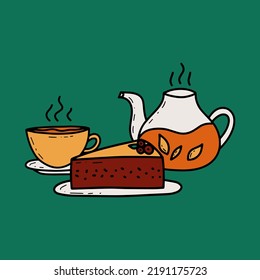 Doodle drinking tea with cake vector illustration clipart. Glass kettle, cup with warm tea and berry cake on plate on green background. Relaxing time concept.