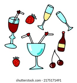 Doodle drinks in glass with hearts set. Color cocktail with straw, bottle isolated on white background. Sign of love. Valentines day, date, wedding romantic symbol. Vector festive cute illustration