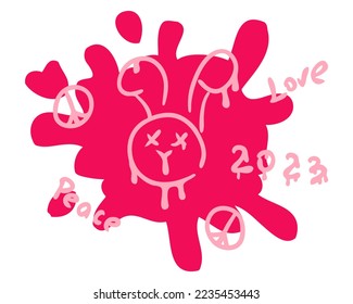 Doodle dripping bunny face and numbers 2023 print in trendy colors. Perfect for tee, sticker, poster. Hand drawn isolated vector illustration for decor and design.



