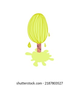 Doodle Dripping Ice Cream Lime Popsicle With Drops And Puddle. Perfect Print For T-shirt, Stickers, Poster. Hand Drawn Isolated Vector Illustration For Decor And Design.
