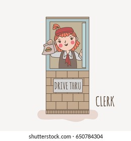 Doodle drive-thru clerk. Cartoon style woman. Vector employee illustration.