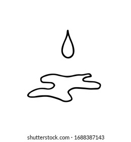 Doodle drop. Cartoon Drop of water or oil icon. Line icon isolated on white background. A hand-drawn drop of oil with a puddle underneath. Black dripping liquid. Sign of oil. Vector stock illustration