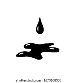 Doodle drop. Drop of water or oil icon. Black glyph icon isolated on white background. A hand-drawn drop of oil with a puddle underneath. Black dripping liquid. Sign of oil. Vector stock illustration