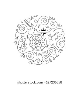 Doodle Drum. Jazz festival coloring page. Decorative vector illustration. 