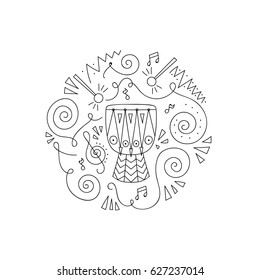 Doodle Drum. Jazz festival coloring page. Decorative vector illustration. 