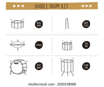 Doodle drum Kit. line icon set. Hand drawn style. Flat design. Vector illustration.