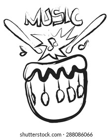 Doodle drum, drum sticks and musical notes, vector illustration