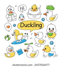A doodle duck vector showcasing cute rubber ducks, shower toys, and baby chickens