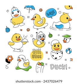 A doodle duck vector showcasing cute rubber ducks, shower toys, and baby chickens