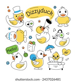 A doodle duck vector showcasing cute rubber ducks, shower toys, and baby chickens