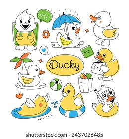 A doodle duck vector showcasing cute rubber ducks, shower toys, and baby chickens