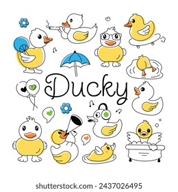 A doodle duck vector showcasing cute rubber ducks, shower toys, and baby chickens