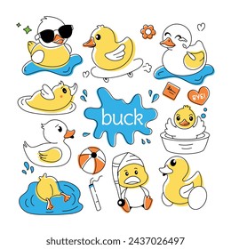 A doodle duck vector showcasing cute rubber ducks, shower toys, and baby chickens