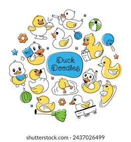 A doodle duck vector showcasing cute rubber ducks, shower toys, and baby chickens