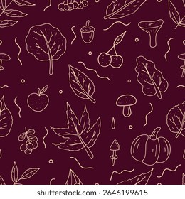 Doodle duocromo outono padrão sem costura com folhas de queda, frutas, abóboras e cogumelos. Modelo para têxteis, embalagens e cartões.