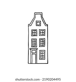 Doodle dutch canal houses. Typical Amsterdam buildings. Architecture of Netherlands. Hand drawn vector illustration