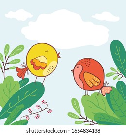 Doodle Early bird special trendy design with bird in leaves greeting card template. funny character. Vector illustration. Communication. two little birds communicating with each other