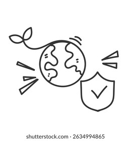 doodle earth with plant and shield icon