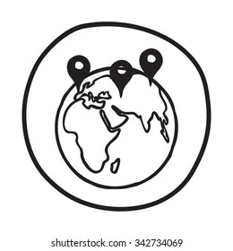 Doodle Earth with Pointers icon. Blue pen hand drawn infographic symbol on a notepaper piece. Line art style graphic design element. Web button with shadow. Worldwide delivery, connection concept. 