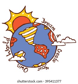 doodle Earth print of space collection. vector doodle hand drawn print with ornate planet
