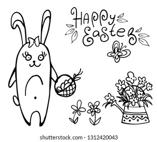 Doodle easter bunny with basket easter egg in hand and butterfly on white background. Lettering Happy Easter. Vector illustration. Perfect for greeting card, invitation, postcard.