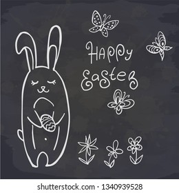 Doodle easter bunny with easter egg in hand and butterfly on chalkboard. Lettering Happy Easter. Vector illustration. Spring holiday card. Perfect for greeting card, invitation, postcard, print.
