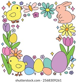Doodle Easter bunny fun spring frame Easter printable for kids. Doodle Spring Easter bunny with eggs and flower frame vector. Cheerful spring flowers and bunny decoration, banner.