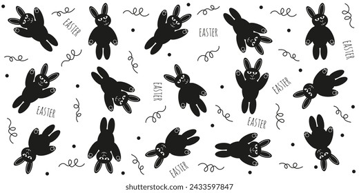 Doodle Easter Bunny seamless pattern. Easter holiday wrapping paper in trendy Doodle Minimalist style. Black and white celebration banner. Vector illustration can used wallpaper textile print EPS 10