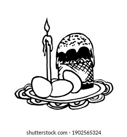 Doodle Easter cake, a lit candle and eggs on napkins on a white background.Vector composition can be used in Easter designs,children's coloring books,postcards, textiles.