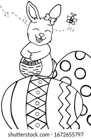 
Doodle easter coloring page. 
easter colouring page for kids. Easter bunny with easter egg. Black and white vector illustration for colouring. Hand Drawn Cute Bunny isolated on white background. 