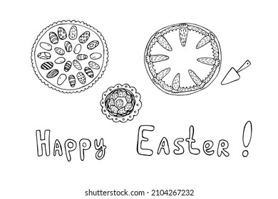 Doodle Easter dishes on white background. Vector Easter carrot cake, plate with eggs. Lettering happy Easter