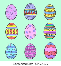 Doodle of easter egg style set on green background - Shutterstock ID 584581675