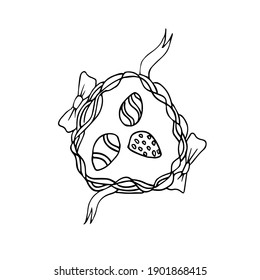 Doodle Easter eggs in a nest with a bow and ribbons, top view. Vector nest can be used for seasonal decoration for Easter