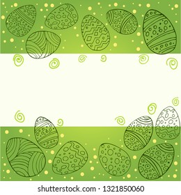 Doodle Easter eggs on green background with space for text. Spring holiday card. Vector illustration. Perfect for greeting card, invitation, postcard, print.