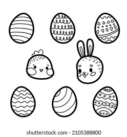 Doodle Easter. Easter eggs and rabbit. Black and white line art holiday. Hand drawn bunny and chicken. Stock vector set illustration on a white background.