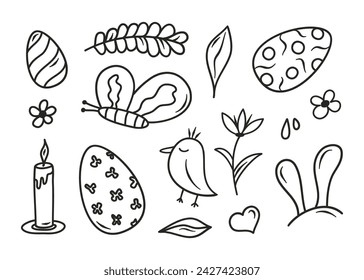 Doodle Easter set with egg, bunny, butterfly, branche, bird, flower, sun in sketch style. Vector spring illustration isolated on white background.