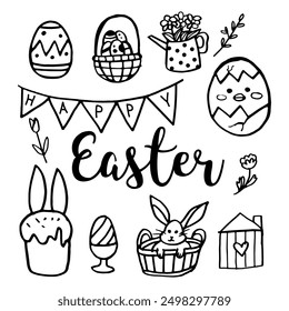 Doodle Easter set. Eggs, bunny, butterflies, branches, bird, flowers, sun in sketch style. Vector spring illustration. Happy Easter doodle set with spring design elements