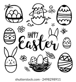 Doodle Easter set. Eggs, bunny, butterflies, branches, bird, flowers, sun in sketch style. Vector spring illustration. Happy Easter doodle set with spring design elements