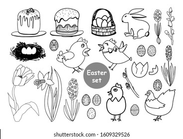 Doodle easter set in hand drawn style isolated on white background. Chicken, eggs,daffodil, tulip,hyacinth,Easter cake,pussy-willow,basket with eggs,bird's Nest. Easter traditional symbols collection.